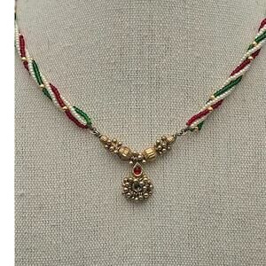 Red & Green Twisted Vintage Multi-Strand Beaded Necklace with Pendant Charm